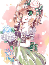 Rule 34 | 1girl, ;d, back bow, blue flower, blush, bouquet, bow, brown gloves, cowboy shot, dated, flower, frilled gloves, frilled sleeves, frills, gloves, green bow, green eyes, green skirt, hair bow, hair flower, hair ornament, hand up, haruna konomi, holding, holding bouquet, layered sleeves, looking at viewer, magia record: mahou shoujo madoka magica gaiden, magical girl, mahou shoujo madoka magica, miuku (marine sapphire), multicolored hair, one eye closed, open mouth, orange hair, pink background, puffy short sleeves, puffy sleeves, shirt, short hair, short sleeves, signature, skirt, smile, solo, streaked hair, white flower, white shirt