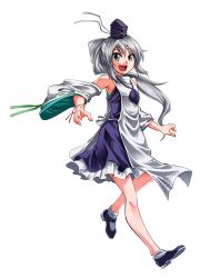 Rule 34 | 1girl, armpits, bare shoulders, detached sleeves, grey eyes, grey hair, hat, highres, japanese clothes, kakao (noise-111), kariginu, mononobe no futo, open mouth, simple background, solo, tabard, tate eboshi, touhou, white background, wide sleeves