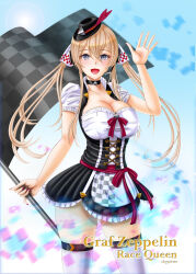 Rule 34 | 1girl, adapted costume, apron, black dress, black hat, blonde hair, character name, checkered clothes, checkered flag, commentary request, dirndl, dress, flag, german clothes, graf zeppelin (kancolle), grey eyes, hair between eyes, hat, highres, kantai collection, long hair, low twintails, mini hat, skypixter, solo, standing, thighhighs, twintails, white apron, white thighhighs