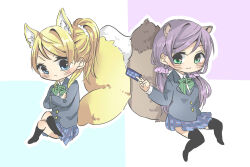 Rule 34 | 2girls, animal ear fluff, animal ears, ayase eli, black socks, black thighhighs, blazer, blonde hair, blue eyes, blue jacket, blue skirt, blush, bow, bowtie, card, chibi, closed mouth, collared shirt, commentary request, crossed arms, crossed legs, fox ears, fox girl, fox tail, green bow, green bowtie, hair ornament, hair scrunchie, holding, holding card, invisible chair, jacket, kashikaze, kemonomimi mode, kneehighs, large tail, long hair, long sleeves, love live!, love live! school idol project, low twintails, medium hair, multiple girls, no shoes, otonokizaka school uniform, outline, plaid, plaid skirt, pleated skirt, purple hair, purple scrunchie, raccoon ears, raccoon girl, raccoon tail, school uniform, scrunchie, shirt, sitting, skirt, socks, striped bow, striped bowtie, striped clothes, tail, thighhighs, tojo nozomi, twintails, white outline, white shirt