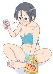 Rule 34 | bag, barefoot, blue camisole, blue panties, blush, breasts, camisole, can, chips (food), commentary, crotch seam, eating, eighth note, food, food in mouth, girls und panzer, glasses, grey eyes, grey hair, highres, holding, holding can, indian style, musical note, navel, panties, potato chips, rumi (girls und panzer), shadow, simple background, sitting, small breasts, strap slip, tanaka rikimaru, underwear, underwear only, white background