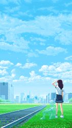 Rule 34 | animated, animated gif, brown hair, cityscape, cloud, day, genuinehuman, ghost, highres, looking afar, outdoors, pixel art, railroad tracks, shirt, shoes, skirt, sneakers, standing, t-shirt, third-party source, wind