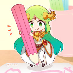 Rule 34 | 1girl, armlet, bare shoulders, chibi, dress, forehead jewel, green eyes, green hair, highres, holding, holding pencil, jewelry, kid icarus, long hair, looking down, nintendo, notice lines, oversized object, palutena, pencil, pendant, standing, twitter username, v-shaped eyebrows, very long hair, white dress, yu makoto (yu uma)