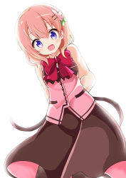 Rule 34 | 1girl, :d, apron, arms behind back, backlighting, black pantyhose, blush, bow, brown hair, brown skirt, collared shirt, commentary request, gochuumon wa usagi desu ka?, hair between eyes, hair ornament, hairclip, hoto cocoa, leaning forward, long skirt, long sleeves, looking at viewer, massala, open mouth, pantyhose, pink vest, purple eyes, rabbit house uniform, red bow, shirt, simple background, skirt, smile, solo, standing, uniform, vest, waist apron, white background, white shirt