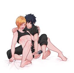 Rule 34 | 10s, 2boys, alcohol, anal, ass juice, barefoot, blush, bottomless, dildo, drooling, feet, final fantasy, final fantasy xv, grin, highres, male focus, male penetrated, multiple boys, nipples, noctis lucis caelum, prompto argentum, saliva, sex toy, sitting, smile, smirk, soles, ssquier0212, toes, wine, yaoi