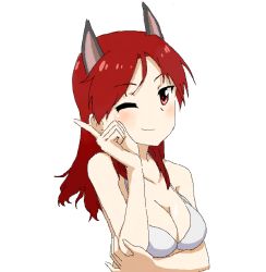 Rule 34 | 1girl, ;), animal ears, bad id, bad pixiv id, bare shoulders, bikini, blush, breasts, cleavage, collarbone, long hair, looking at viewer, minna-dietlinde wilcke, oekaki, one eye closed, pointing, red eyes, red hair, shiratama (hockey), simple background, smile, solo, strike witches, swimsuit, upper body, white background, white bikini, wolf ears, world witches series