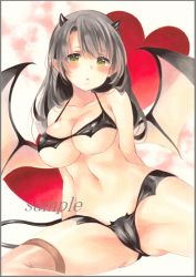 Rule 34 | 1girl, :o, bad id, bad pixiv id, bat wings, bikini, black bikini, black bra, black hair, black panties, blush, bra, breasts, brown thighhighs, cleavage, collarbone, colored pencil (medium), demon horns, demon wings, green eyes, half-closed eyes, heart, heart background, horns, large breasts, lingerie, long hair, looking at viewer, marker (medium), navel, original, over-kneehighs, panties, parted lips, potto, sitting, solo, spread legs, swimsuit, tareme, thighhighs, thighs, traditional media, underwear, wings