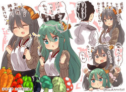 Rule 34 | 1boy, 2girls, ^ ^, admiral (kancolle), alternate costume, aqua eyes, bell pepper, black hair, black ribbon, blush, broccoli, cabbage, carrot, closed eyes, commentary request, eggplant, food, green hair, grey eyes, hair between eyes, hair ribbon, hairband, haruna (kancolle), headgear, heart, highres, kantai collection, long hair, long sleeves, military, military uniform, multiple girls, mushroom, musical note, naval uniform, open mouth, pepper, pout, quaver, ribbon, short hair, smile, sparkle, speech bubble, suzuki toto, tomato, translation request, uniform, yamakaze (kancolle)