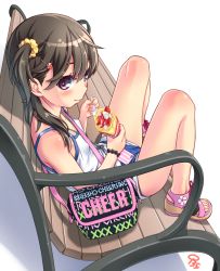 Rule 34 | 1girl, aoi kumiko, bag, bare legs, bare shoulders, bench, black hair, blush, bracelet, breasts, cellphone, covered erect nipples, crepe, eating, food, fruit, hair ornament, hair scrunchie, hairclip, handbag, highres, jewelry, long hair, looking at viewer, one side up, original, phone, purple eyes, sandals, scrunchie, short shorts, shorts, simple background, sitting, small breasts, smile, solo, spoon, strawberry, tank top, white background