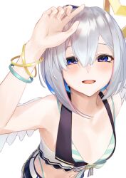 Rule 34 | 1girl, absurdres, amane kanata, breasts, cleavage, grey hair, highres, hololive, long hair, multicolored hair, open mouth, short hair, simple background, small breasts, smallpine 7, smile, solo, streaked hair, swimsuit, virtual youtuber, wings