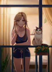 Rule 34 | 1girl, absurdres, animal, bare arms, bare shoulders, bed, blue shorts, breasts, brown eyes, brown hair, cat, cheek rest, cleavage, collarbone, cowboy shot, curtains, flower, highres, indoors, kama (kama ovo), large breasts, long arms, long hair, looking at viewer, medium breasts, orange flower, original, outdoors, plant, shorts, smile, solo, tank top, window, yellow flower
