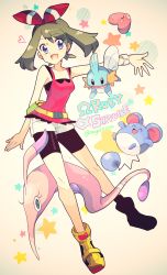 Rule 34 | 10s, 1girl, bike shorts, blue eyes, brown hair, copyright name, creatures (company), fanny pack, full body, game freak, gen 2 pokemon, gen 3 pokemon, gorebyss, hair ribbon, heart, highres, looking at viewer, luvdisc, marill, may (pokemon), may (pokemon oras), mudkip, nago celica, nintendo, open mouth, outstretched arm, pokemon, pokemon (creature), pokemon oras, ribbon, shirt, shoes, short shorts, shorts, sleeveless, sleeveless shirt, star (symbol), two side up, wristband