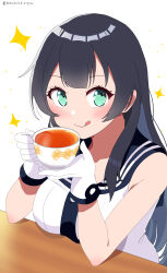 1girl absurdres agano_(kancolle) black_hair black_sailor_collar breasts commentary_request cup gloves green_eyes highres kantai_collection large_breasts long_hair natsuta_kousuke one-hour_drawing_challenge sailor_collar sailor_shirt shirt sleeveless sleeveless_shirt smile solo sparkle table tea teacup tongue tongue_out upper_body white_gloves white_shirt