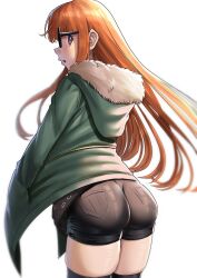 Rule 34 | 1girl, :o, ass, belt, black belt, black shorts, black thighhighs, from behind, fur-trimmed jacket, fur trim, glasses, green jacket, hands in pockets, highres, hood, hood down, hooded jacket, jacket, long hair, looking at viewer, looking back, nico-mo, open mouth, orange hair, persona, persona 5, profile, purple eyes, sakura futaba, short shorts, shorts, simple background, skindentation, solo, thighhighs, thighs, very long hair, white background