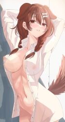 Rule 34 | absurdres, animal ears, arms behind head, bone hair ornament, braid, breasts, brown tail, collarbone, covered erect nipples, dog ears, dog girl, dog tail, hair ornament, highres, hiro (hiro uniuni), hololive, inugami korone, large breasts, midriff, navel, nipples, see-through, tail, twin braids, virtual youtuber