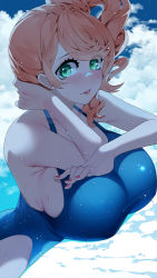 Rule 34 | bare shoulders, blush, breast suppress, breasts, cloud, cloudy sky, collarbone, covered erect nipples, creatures (company), drill hair, from side, game freak, green eyes, hand on own neck, huge breasts, lips, long hair, looking at viewer, nail polish, nintendo, one-piece swimsuit, orange hair, parted lips, pink nails, pokemon, pokemon swsh, pool, side drill, sideboob, sidelocks, sky, sonia (pokemon), sumisumii, swept bangs, swimsuit, taut clothes, taut swimsuit, upper body, wet