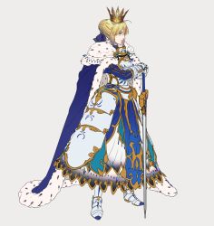 Rule 34 | 1girl, armor, artoria pendragon (all), artoria pendragon (fate), blonde hair, cape, crossed arms, ears visible through hair, fate/stay night, fate (series), greaves, green eyes, grey background, hair between eyes, highres, multicolored cape, multicolored clothes, multicolored footwear, saber (fate), simple background, solo, tenobe, white background