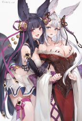 Rule 34 | 2girls, animal ears, bell, black hair, blue eyes, blunt bangs, blush, grabbing another&#039;s breast, breasts, cleavage, commentary request, detached sleeves, dress, elbow gloves, erune, fox ears, fox tail, fur trim, gloves, grabbing, grabbing from behind, granblue fantasy, groping, hair bell, hair ornament, hand under clothes, highres, jingle bell, large breasts, long hair, looking at viewer, multiple girls, open mouth, purple eyes, ribbon, sidelocks, societte (granblue fantasy), tail, twitter username, very long hair, watao, white hair, wide sleeves, yuel (granblue fantasy)