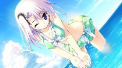 Rule 34 | 1girl, bikini, blue eyes, breasts squeezed together, breasts, cleavage, cloud, game cg, in water, looking at viewer, ocean, one eye closed, outdoors, purple hair, short hair, side ponytail, sky, smile, solo, standing, sunlight, swimsuit, water, wink