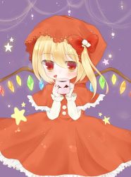 Rule 34 | 1girl, alternate costume, blonde hair, blush, bow, capelet, covering own mouth, cup, dress, ena (ena228), eyelashes, flandre scarlet, hair bow, heart, highres, hood, light particles, long sleeves, looking at viewer, purple background, red dress, red eyes, short hair, side ponytail, simple background, solo, star (symbol), touhou, wings