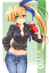 Rule 34 | 1girl, aged up, arm behind back, bendy straw, black shirt, blonde hair, blue pants, blue ribbon, blush, breasts, character name, cleavage, cup, denim, disposable cup, drinking straw, green eyes, hair between eyes, hair ribbon, heterochromia, highres, holding, holding cup, jeans, large breasts, long hair, looking at viewer, loose necktie, lyrical nanoha, mahou shoujo lyrical nanoha vivid, midriff, navel, necktie, pants, red eyes, ribbon, san-pon, shirt, side ponytail, solo, twitter username, very long hair, vivio