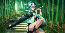Rule 34 | 1girl, alternate costume, alternate hairstyle, arrancar, bamboo, bamboo forest, bleach, convenient leg, facial mark, forest, green hair, hair between eyes, hair ornament, japanese clothes, nature, nelliel tu odelschwanck, official art, parasol, skull, skull hat, solo, stairs, tagme, thick thighs, thighs, aqua hair, umbrella