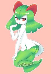 Rule 34 | 1girl, artist name, ass, colored skin, creatures (company), female focus, from side, full body, game freak, gen 3 pokemon, green hair, green skin, hair between eyes, half-closed eyes, hand up, highres, kirlia, long hair, looking at viewer, mezmaroon, multicolored skin, nintendo, no humans, open mouth, orange eyes, outline, pink background, pokemon, pokemon (creature), shiny skin, signature, simple background, solo, two-tone skin, white outline, white skin