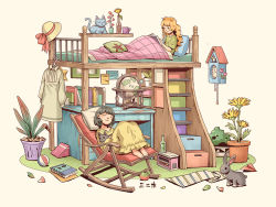 Rule 34 | 2girls, animal, apple, ball, barefoot, bed, bedroom, black cat, black hair, blush, book, bunk bed, cat, chair, clock, clothes hanger, cuckoo clock, cup, disposable cup, flower, food, fruit, globe, hat, holding, holding book, indoors, kitsu+3, leaf, long hair, mug, multiple girls, notebook, orange hair, original, pillow, plant, potted plant, rabbit, reading, rocking chair, short hair, sleeping, sleepwear, smile, sun hat, under covers