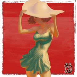 Rule 34 | 1girl, brown eyes, brown hair, dress, hat, highres, ikeda (cpt), looking at viewer, okumura haru, persona, persona 5, persona 5 the royal, polka dot, short hair, simple background, smile, solo, swimsuit