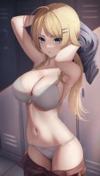 Rule 34 | 1girl, ahoge, armpits, arms up, blonde hair, blue eyes, blush, bra, breasts, cleavage, clothes down, clothes pull, collarbone, cowboy shot, hachimiya meguru, hair ornament, hairclip, highres, idolmaster, idolmaster shiny colors, large breasts, lens flare, locker, locker room, long hair, looking at viewer, low twintails, marinesnow, navel, non-web source, panties, pants, pants pull, parted lips, plaid, unworn shirt, sidelocks, skirt, skirt pull, solo, stomach, sunlight, sweat, twintails, underwear, undressing, white bra, white panties