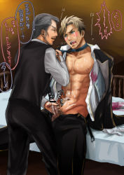 Rule 34 | 2boys, bed, blonde hair, blue eyes, censored, cum, cum on body, dining room, formal, gloves, grey hair, handjob, knees, male focus, multiple boys, necktie, open clothes, open shirt, penis, saliva, shirt, stain, table, tears, undressing, unzipped, yaoi