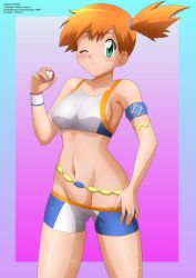Rule 34 | 1girl, absurdres, armband, belly chain, blush, breasts, brown hair, clothes pull, collarbone, cosplay, creatures (company), crop top, dynamax band, game freak, green eyes, highres, holding, jewelry, large breasts, long hair, looking at viewer, midriff, misty (pokemon), navel, nessa (pokemon), nessa (pokemon) (cosplay), nintendo, one eye closed, poke ball, pokemon, pokemon rgby, pokemon swsh, ponytail, purple background, shirt, shorts, shorts pull, side ponytail, smile, standing, trait connection, wet, white shirt, white shorts, wink, wristband, zel-sama