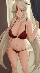 Rule 34 | 1girl, absurdres, bare shoulders, blush, bra, breasts, cleavage, collarbone, genshin impact, highres, lace, lace-trimmed bra, lace-trimmed panties, lace trim, large breasts, lingerie, long hair, looking at viewer, navel, ningguang (genshin impact), panties, smile, solo, thighs, underwear, underwear only, zaphn