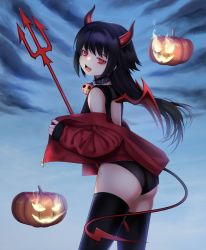 Rule 34 | 1girl, absurdres, ass, black hair, black one-piece swimsuit, black thighhighs, blue background, blush, collar, commentary, cowboy shot, demon girl, demon horns, demon tail, fire, from side, halloween, highres, horns, jack-o&#039;-lantern, jacket, long hair, looking at viewer, off shoulder, ompf, one-piece swimsuit, open clothes, open jacket, open mouth, original, polearm, red eyes, red jacket, sleeves past wrists, slit pupils, solo, standing, swimsuit, tail, thighhighs, trident, weapon