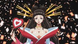 Rule 34 | 10s, 1girl, animated, animated gif, black background, black hair, bouncing breasts, breasts, card, cleavage, code geass, code geass: nunnally in wonderland, earrings, hair ornament, heart, jewelry, kimura takahiro, large breasts, long hair, marianne vi britannia, mature female, necklace, no bra, open clothes, playing card, purple eyes, screencap, shiny skin, smile, solo, wavy hair