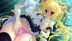 Rule 34 | 1girl, animal ears, blonde hair, clothes lift, fingering, forest, fox ears, game cg, grabbing, grabbing another&#039;s breast, karin amagi, long hair, magical marriage lunatics!!, moonstone, nature, panties, red eyes, skirt, skirt lift, smile, striped clothes, striped panties, thighhighs, tree, underwear, upskirt, yamakaze ran