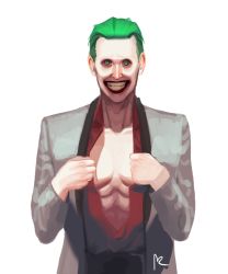 Rule 34 | 1boy, batman (series), dc comics, dccu, green eyes, green hair, male focus, matching hair/eyes, open clothes, open shirt, shirt, simple background, smile, solo, suicide squad, the joker