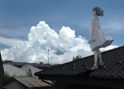 Rule 34 | 1girl, bare arms, black hair, blue sky, bottle, cloud, day, dress, from behind, holding, holding bottle, outdoors, photo background, pomodorosa, rooftop, scenery, shoes, short hair, sky, solo, standing, town, tree, water bottle, white dress, wide shot