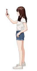 Rule 34 | 1girl, blue shorts, breasts, brown eyes, brown hair, cellphone, denim, denim shorts, from side, full body, hand up, holding, holding phone, long hair, mattaku mousuke, original, phone, profile, shirt, shoes, short shorts, short sleeves, shorts, simple background, small breasts, solo, standing, twitter username, watermark, white background, white footwear, white shirt