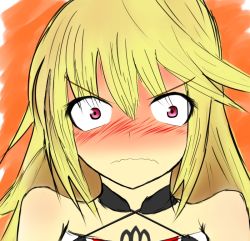 Rule 34 | 1girl, bare shoulders, blonde hair, blush, breasts, long hair, milla (fractured), orange background, pink eyes, simple background, solo, tales of (series), tales of xillia, tales of xillia 2