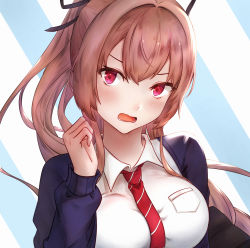 Rule 34 | 1girl, absurdres, azur lane, blue background, blue cardigan, breasts, brown hair, cardigan, collared shirt, fangxingdeyinxue, highres, large breasts, light blush, long hair, necktie, no eyewear, official alternate costume, open cardigan, open clothes, open mouth, red eyes, red necktie, school uniform, shirt, simple background, solo, striped, striped background, striped necktie, swiftsure (azur lane), swiftsure (study hall cyclamen) (azur lane), uniform, upper body, white background, white shirt, wing collar