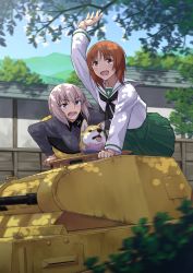 Rule 34 | 10s, 2girls, arm support, black neckerchief, blouse, blue eyes, blurry, brown eyes, brown hair, building, commentary request, dappled sunlight, day, depth of field, dog, dress shirt, frown, girls und panzer, green skirt, grey shirt, itsumi erika, kuromorimine school uniform, leaning forward, long hair, long sleeves, looking at another, military, military vehicle, miniskirt, motion blur, motor vehicle, multiple girls, nathaniel pennel, neckerchief, nishizumi miho, ooarai school uniform, open mouth, outdoors, panzer ii, panzer ii, pleated skirt, reaching, riding, school uniform, serafuku, shadow, shirt, short hair, silver hair, skirt, sky, smile, standing, sunlight, tank, tree, vehicle request, welsh corgi, white shirt