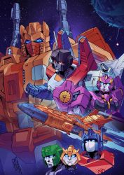 Rule 34 | blue eyes, bumblebee, coralus, cybertron, glowing, glowing eyes, highres, hound (transformers), mecha, nautica (transformers), no humans, optimus prime, red eyes, robot, science fiction, sentinel prime, space, spacecraft, starscream, the transformers (idw), transformers