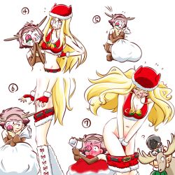Rule 34 | 1koma, 3girls, accidental exposure, animal costume, animal hat, antlers, belt, black belt, blonde hair, blood, blush, boots, brown footwear, brown gloves, cat hat, christmas, closed eyes, clothes lift, clothes pull, comic, covering crotch, covering privates, crop top, elbow gloves, embarrassed, fake antlers, flying sweatdrops, full-face blush, fur-trimmed shirt, fur-trimmed shorts, fur trim, girls und panzer, glasses, gloves, grey hair, hair between eyes, hat, holding, holding sack, horns, kogane (staygold), leaning forward, lifting another&#039;s clothes, long hair, looking at another, midriff, momogaa (girls und panzer), moose, motion lines, multiple girls, multiple views, navel, nekonyaa (girls und panzer), no panties, nosebleed, piyotan (girls und panzer), ponytail, pulling another&#039;s clothes, red gloves, red hair, red headwear, red shirt, red shorts, reindeer antlers, reindeer costume, rimless eyewear, round eyewear, sack, santa costume, santa gloves, santa hat, shaded face, shirt, shirt lift, short hair, short shorts, shorts, shorts pull, silent comic, squatting, tissue, torn clothes, torn sleeves, wardrobe malfunction, white footwear, wide-eyed