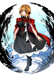 Rule 34 | 1girl, adapted costume, aged up, alternate breast size, aoshima, bare arms, black dress, black footwear, blonde hair, boots, breasts, cape, commentary request, cross print, darkness, dress, full body, hair ribbon, highres, large breasts, looking at viewer, petticoat, red cape, red eyes, red ribbon, ribbon, rumia, short hair, sleeveless, sleeveless dress, solo, touhou, white background