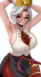 Rule 34 | 1girl, absurdres, armpits, arms up, black skirt, breasts, edmun6969, eyeshadow, glasses, goggles, goggles on head, grin, highres, large breasts, looking at viewer, makeup, miniskirt, mole, mole on breast, nintendo, pantyhose, purah, red-framed eyewear, red eyes, red eyeshadow, red pantyhose, round eyewear, shirt, side slit, simple background, skirt, sleeveless, sleeveless shirt, smile, solo, sweat, the legend of zelda, the legend of zelda: tears of the kingdom, white background, white hair