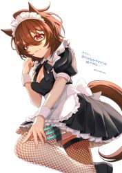 Rule 34 | 1girl, agnes tachyon (umamusume), ahoge, animal ears, apron, black bow, black bowtie, black dress, black footwear, bow, bowtie, breasts, brown hair, cleavage, closed mouth, detached collar, dress, emil1030 blue, fishnet thighhighs, fishnets, hand up, highres, horse ears, horse girl, horse tail, leg up, looking at viewer, maid headdress, medium breasts, medium hair, orange eyes, puffy short sleeves, puffy sleeves, shoes, short sleeves, smile, solo, syringe, tail, thighhighs, translation request, twitter username, umamusume, waist apron, white background, wrist cuffs