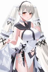 Rule 34 | 1girl, absurdres, azur lane, bad id, bad pixiv id, black choker, black neckwear, black sailor collar, bow, dress bow, breasts, choker, clothing cutout, cowboy shot, dress, dress bow, feather dress, formidable (azur lane), formidable (timeless classics) (azur lane), highres, large breasts, long hair, looking to the side, navel, navel cutout, official alternate costume, red eyes, ryuya, sailor collar, simple background, sleeveless, sleeveless dress, solo, stomach cutout, strapless, strapless dress, twintails, two-tone dress, two-tone ribbon, veil, very long hair, white background, white dress