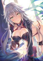 Rule 34 | 1girl, ahoge, all fours, asymmetrical clothes, bikini, black bikini, black jacket, blush, breasts, choker, cleavage, commentary request, cropped jacket, dutch angle, fate/grand order, fate (series), hair between eyes, highres, inoue takuya (tactactak), jacket, jeanne d&#039;arc alter (swimsuit berserker) (fate), jeanne d&#039;arc (fate), jeanne d&#039;arc alter (fate), jeanne d&#039;arc alter (swimsuit berserker) (fate), large breasts, long hair, looking at viewer, o-ring, o-ring bikini, open mouth, red thighhighs, shiny skin, shrug (clothing), single thighhigh, solo, swimsuit, thighhighs, very long hair, yellow eyes