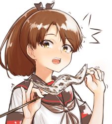 Rule 34 | 1girl, ^^^, black sailor collar, brown eyes, brown hair, brown neckerchief, commentary request, fish, fish (food), highres, kantai collection, looking at viewer, neckerchief, ohaduke, one-hour drawing challenge, open mouth, ponytail, sailor collar, saury, school uniform, serafuku, shikinami (kancolle), shikinami kai ni (kancolle), short hair, simple background, skewer, solo, white background